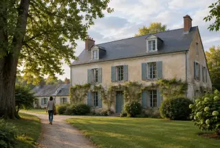 La maison de George Sand à Nohant vue depuis son jardin, sous une lumière douce, avec un visiteur marchant sur l’allée.