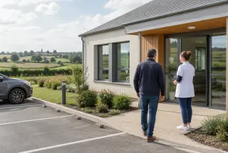 Maison de santé rurale dans l’Indre, entourée de champs, avec une professionnelle accueillant un visiteur.