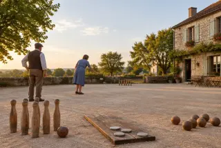 Jeux traditionnels en bois disposés dans une cour de village du Berry, avec quilles, palets et boules en bois, tandis que deux personnes jouent en arrière-plan.