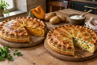 Deux tourtes berrichonnes rustiques, un citrouillat à la courge et une galette aux pommes de terre, présentées sur une table en bois.