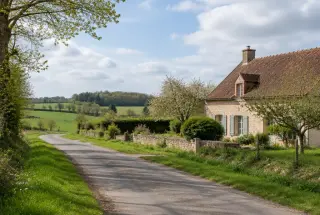 Route de campagne bordée de prairies devant une ancienne maison en pierre à Nohant-Vic.